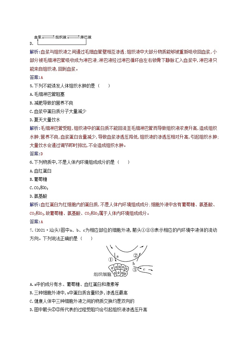 新教材2023高中生物第1章人体的内环境与稳态第1节细胞生活的环境同步测试新人教版选择性必修1第2页