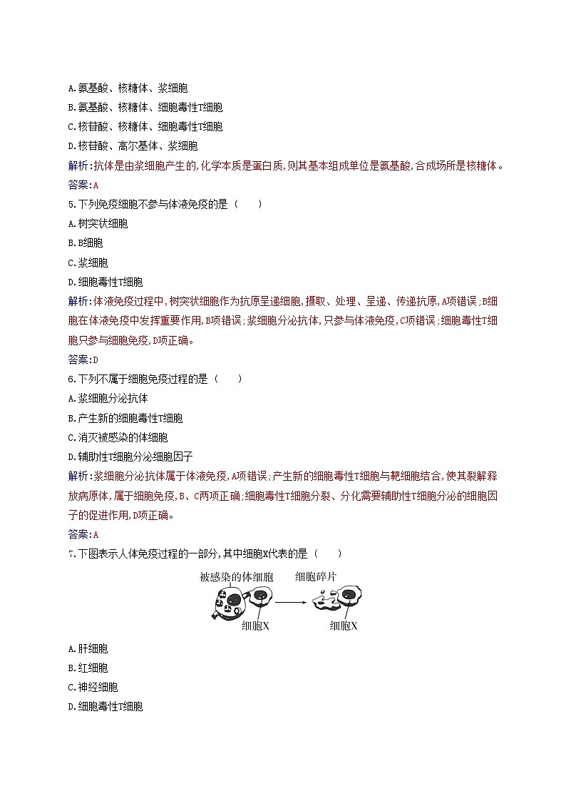 新教材2023高中生物第4章免疫调节第2节特异性免疫同步测试新人教版选择性必修102