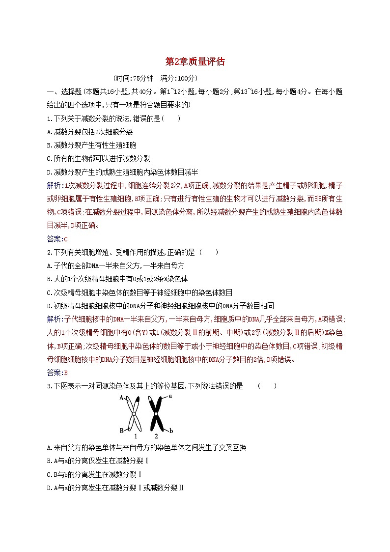 新教材2023高中生物第2章基因和染色体的关系质量评估新人教版必修2 试卷01