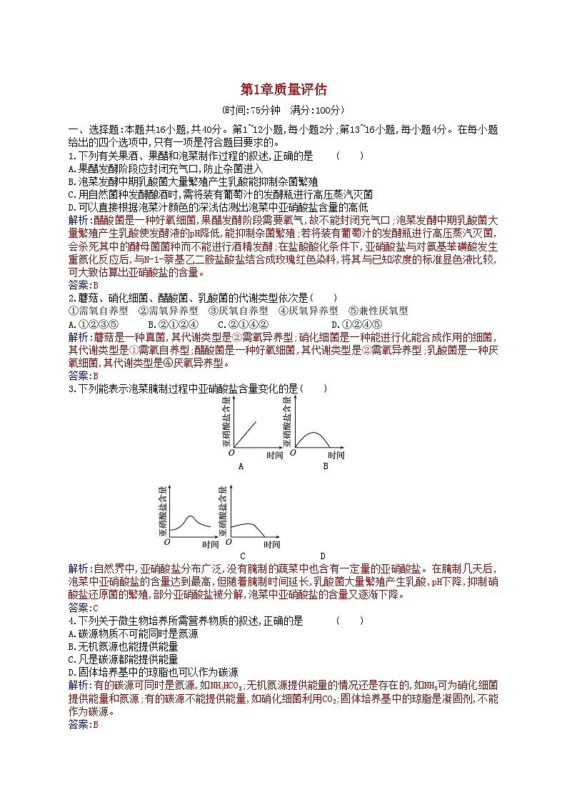 新教材2023高中生物第1章发酵工程质量评估新人教版选择性必修3第1页
