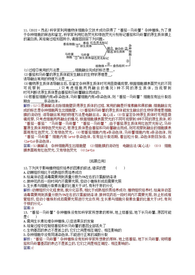 新教材2023高中生物第2章细胞工程第1节植物细胞工程第1课时植物细胞工程的基本技术同步测试新人教版选择性必修303