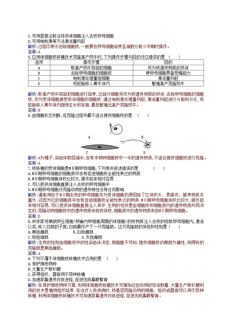 新教材2023高中生物第2章细胞工程第2节动物细胞工程第3课时动物体细胞核移植技术和克炉物同步测试新人教版选择性必修3第2页