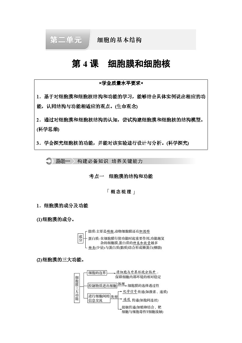 2024届高考生物一轮复习第2单元第4课细胞膜和细胞核学案01