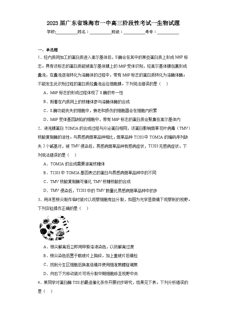 2023届广东省珠海市一中高三阶段性考试一生物试题（含解析）01