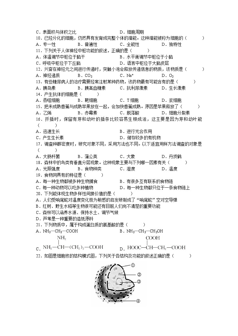 2020-2021学年湖南省长沙市长郡中学度高二上学期期中考试（学业水平合格性考试）生物试卷 (1)02