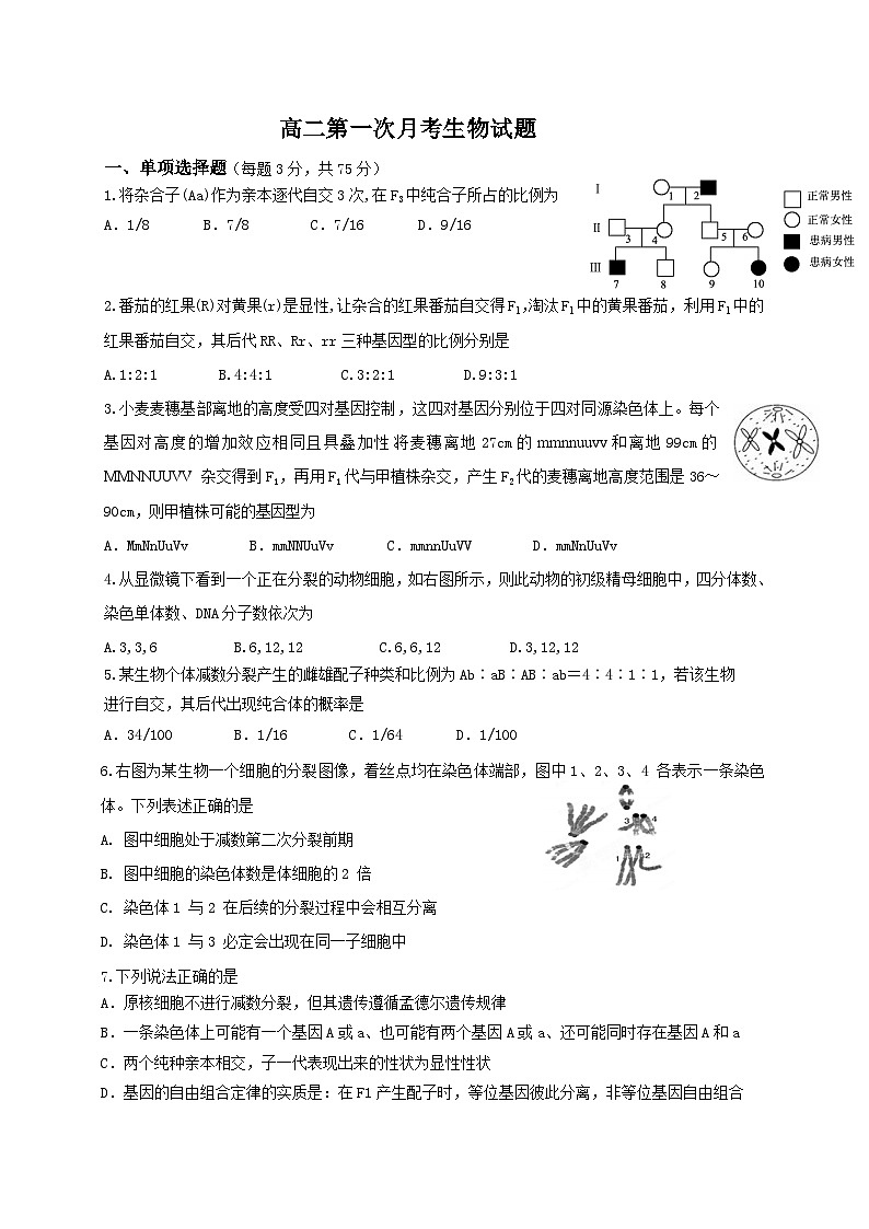 北京市清华大学附属中学丰台学校2014-2015学年高二10月月考生物试题第1页