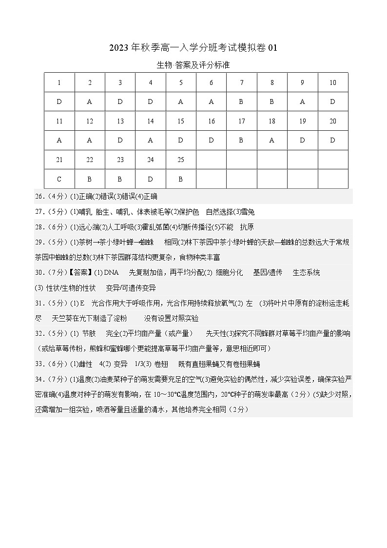 生物01 - 2023年秋季高一入学考试模拟卷（4份打包，原卷版+答题卡+解析版）01