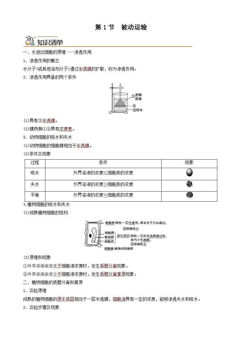 人教版高中 生物(必修一) 同步精品讲义4.1 被动运输（2份打包，原卷版+教师版）01