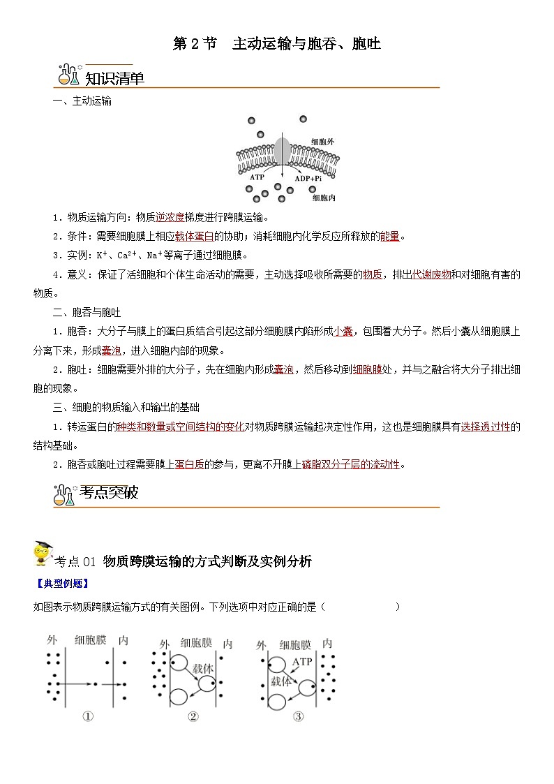 人教版高中 生物(必修一) 同步精品讲义4.2 主动运输与胞吞、胞吐（2份打包，原卷版+教师版）01
