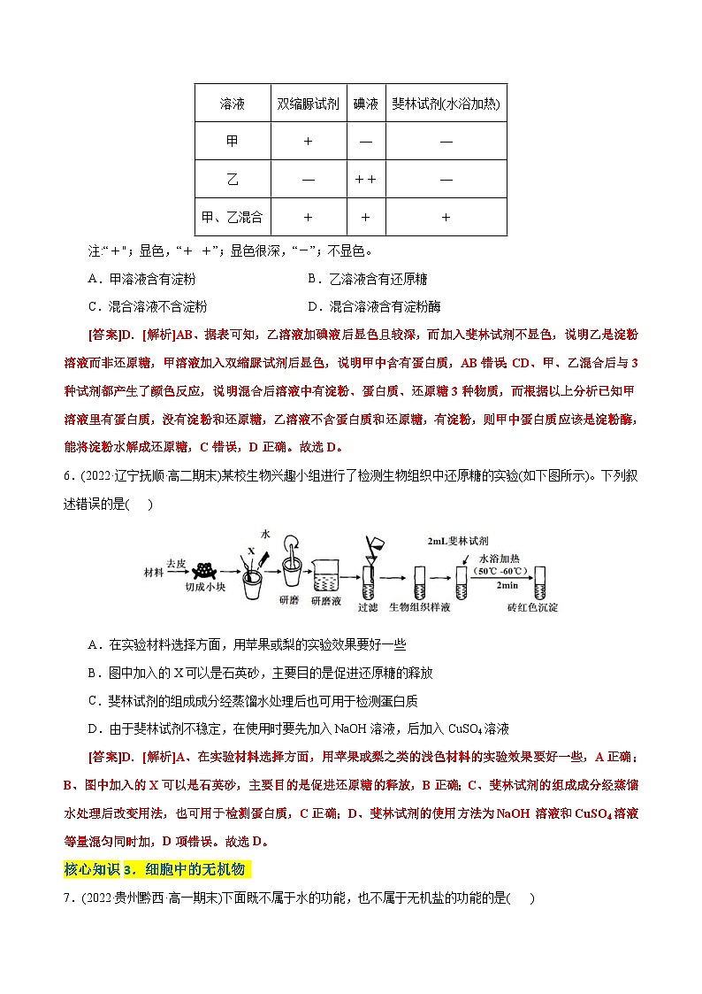 人教版(必修一)高中生物分层训练AB卷第2章  组成细胞的分子（A卷·知识通关练）（2份打包，原卷版+教师版）03