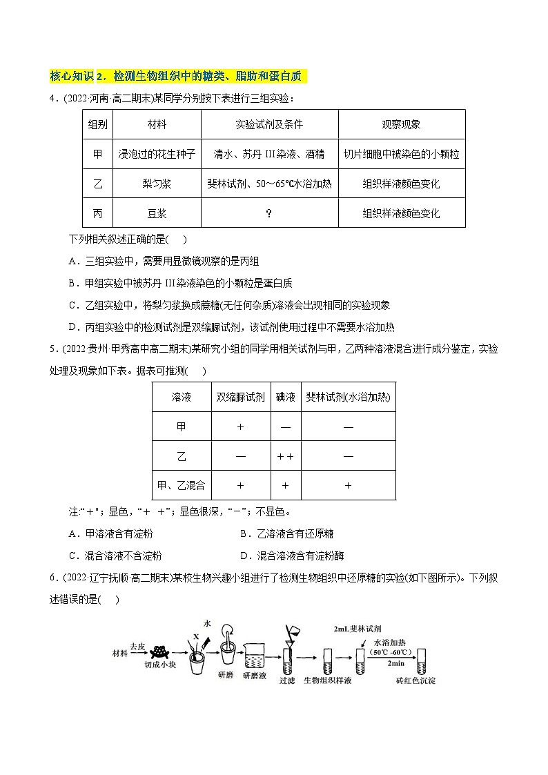 人教版(必修一)高中生物分层训练AB卷第2章  组成细胞的分子（A卷·知识通关练）（2份打包，原卷版+教师版）02