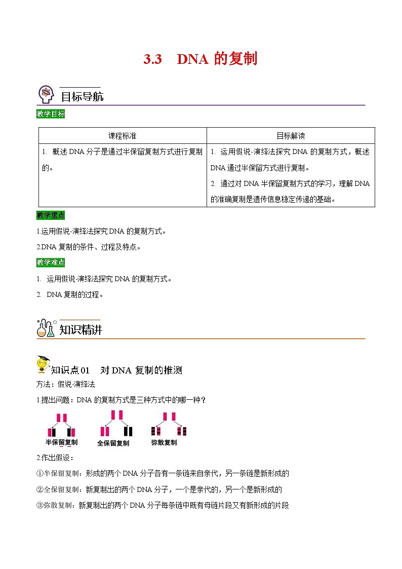 人教版(必修二)高中生物同步精品讲义3.3 DNA的复制（原卷版）第1页