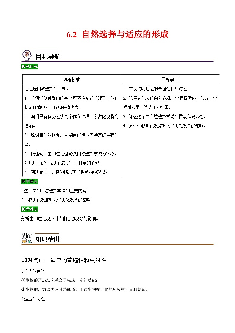 人教版(必修二)高中生物同步精品讲义6.2 自然选择与适应的形成（2份打包，原卷版+教师版）01