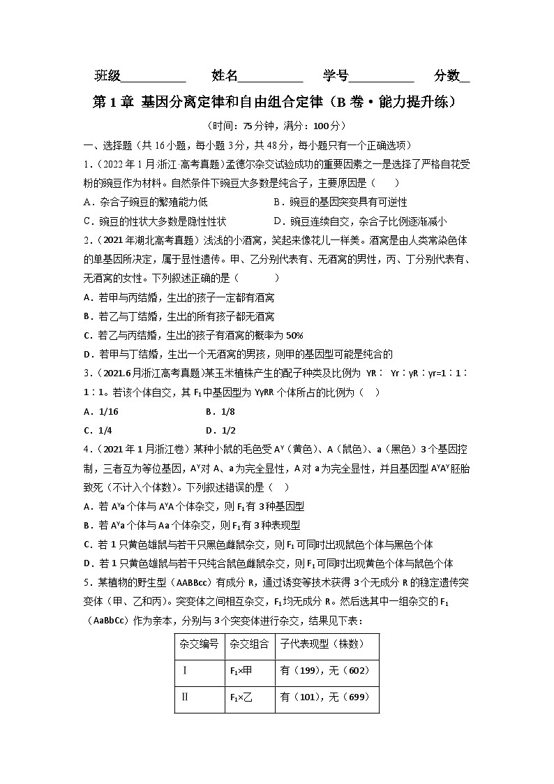 人教版(必修二)高中生物分层训练AB卷第1章 遗传因子的发现（B卷·能力提升练）（2份打包，原卷版+教师版）01