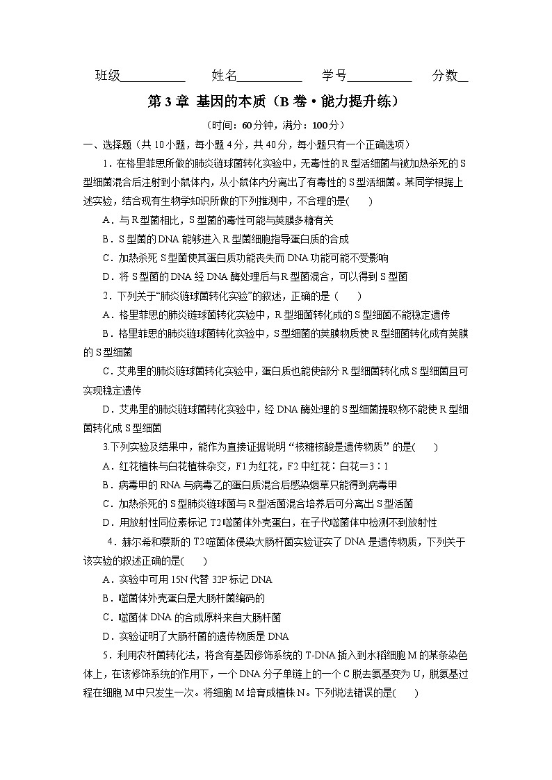 人教版(必修二)高中生物分层训练AB卷第3章 基因的本质（B卷·能力提升练）（原卷版）第1页