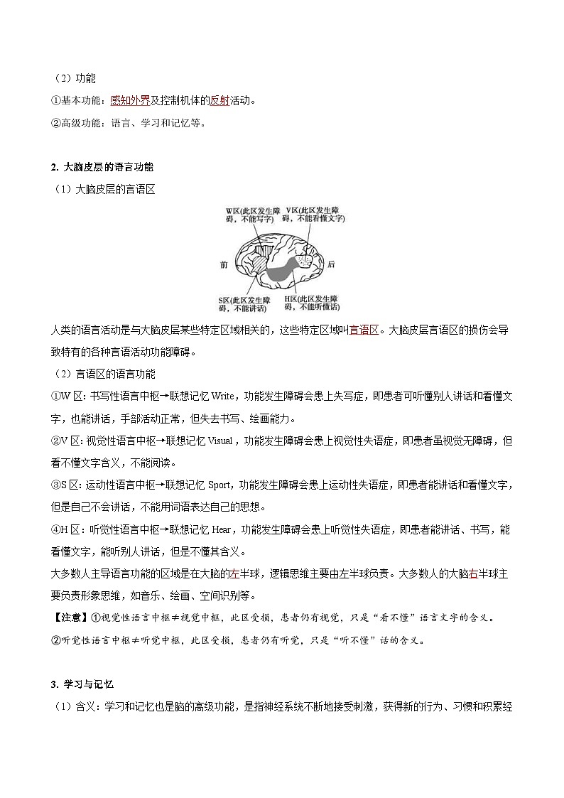 人教版(选择性必修一)高中生物同步精品讲义2.5 人脑的高级功能（2份打包，原卷版+教师版）02