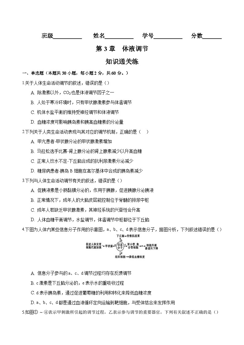 人教版(选择性必修一)高中生物分层训练AB卷第3章 体液调节（知识通关练）（2份打包，原卷版+教师版）01