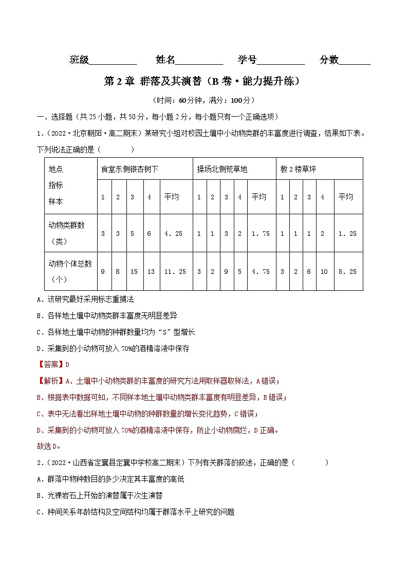 人教版(选择性必修二)高中生物分层训练AB卷第2章 群落及其演替（B卷·能力提升练）（2份打包，原卷版+教师版）01