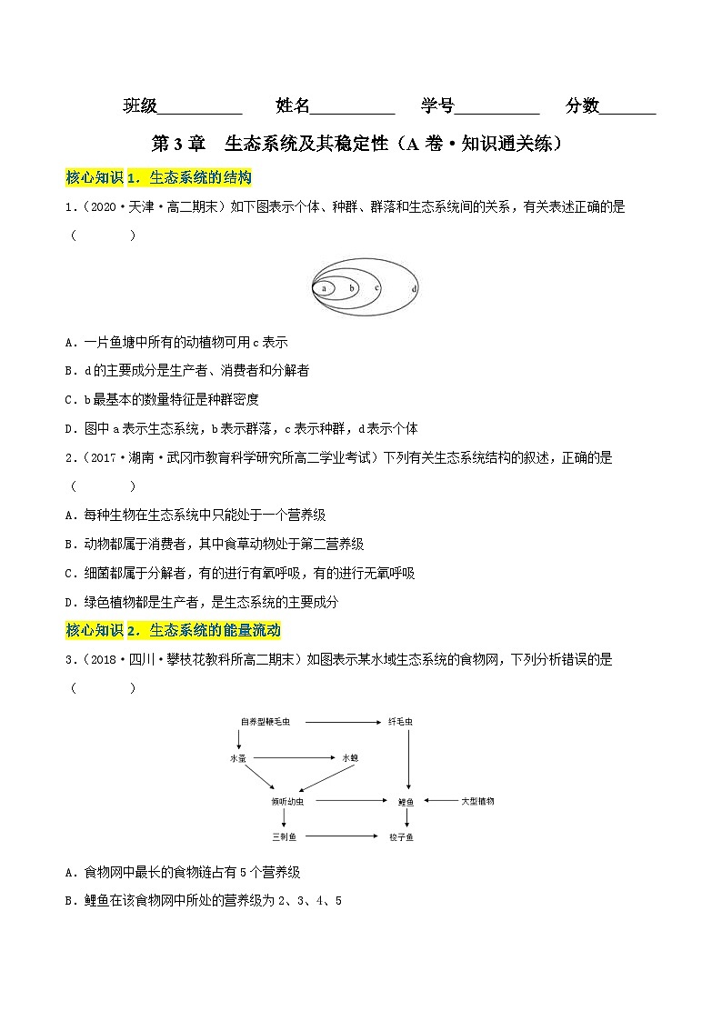 人教版(选择性必修二)高中生物分层训练AB卷第3章 生态系统及其稳定性（A卷·知识通关练）（2份打包，原卷版+教师版）01