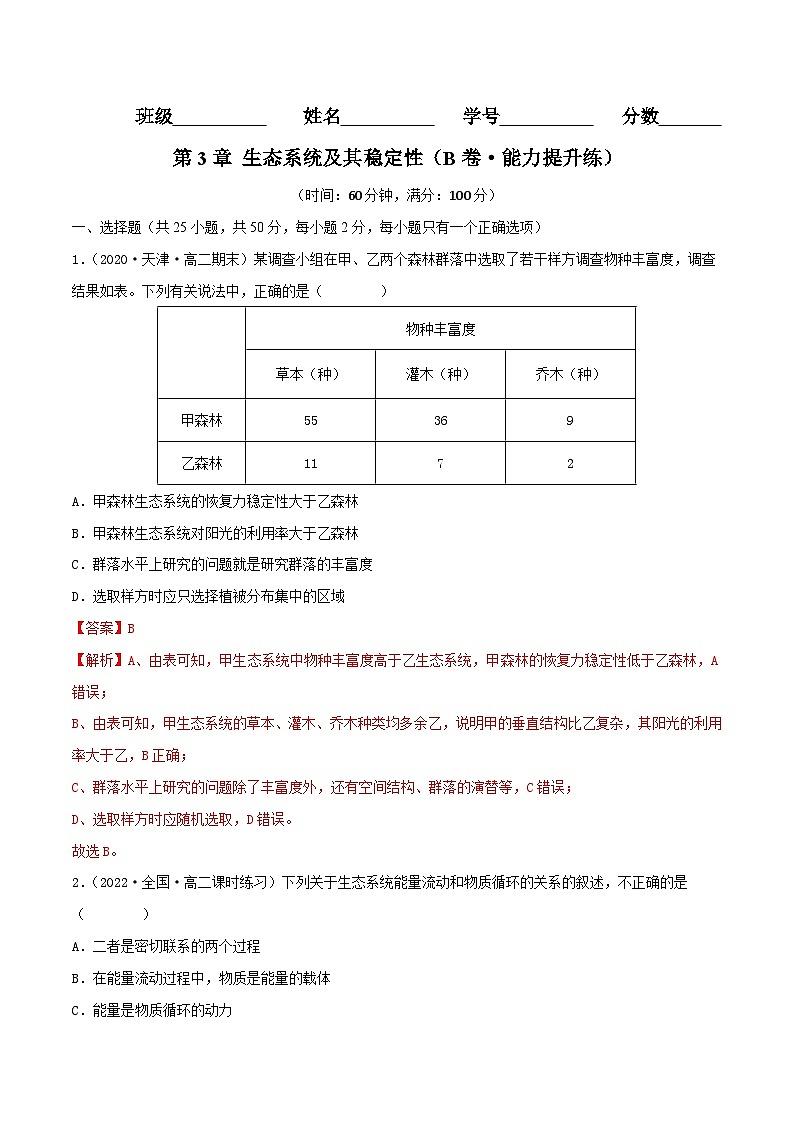 人教版(选择性必修二)高中生物分层训练AB卷第3章 生态系统及其稳定性（B卷·能力提升练）（教师版）第1页