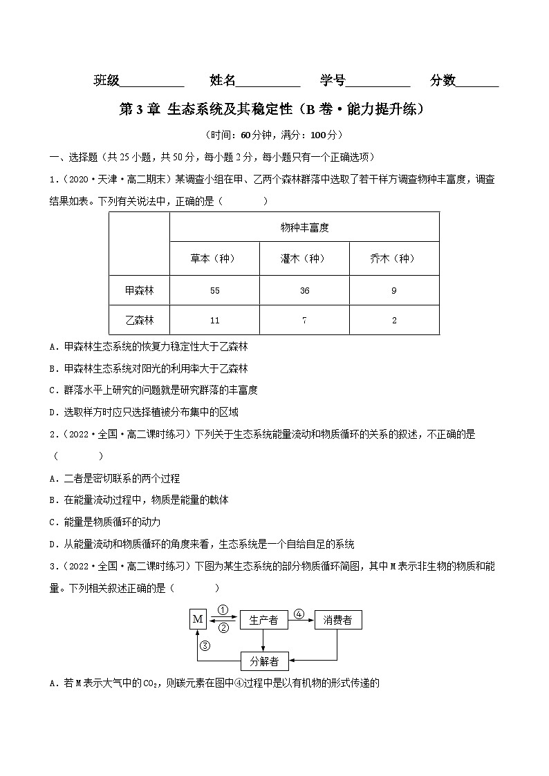 人教版(选择性必修二)高中生物分层训练AB卷第3章 生态系统及其稳定性（B卷·能力提升练）（原卷版）第1页