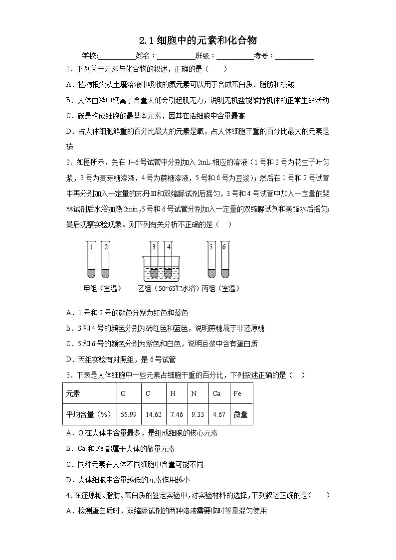 2.1细胞中的元素和化合物 练习第1页