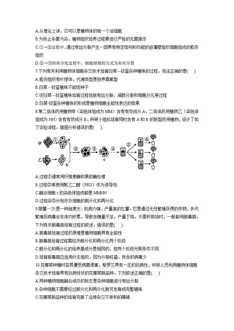 浙教版2019 高中生物 选修3 第2章 植物细胞工程 基础夯实单元测试（word版含解析）02