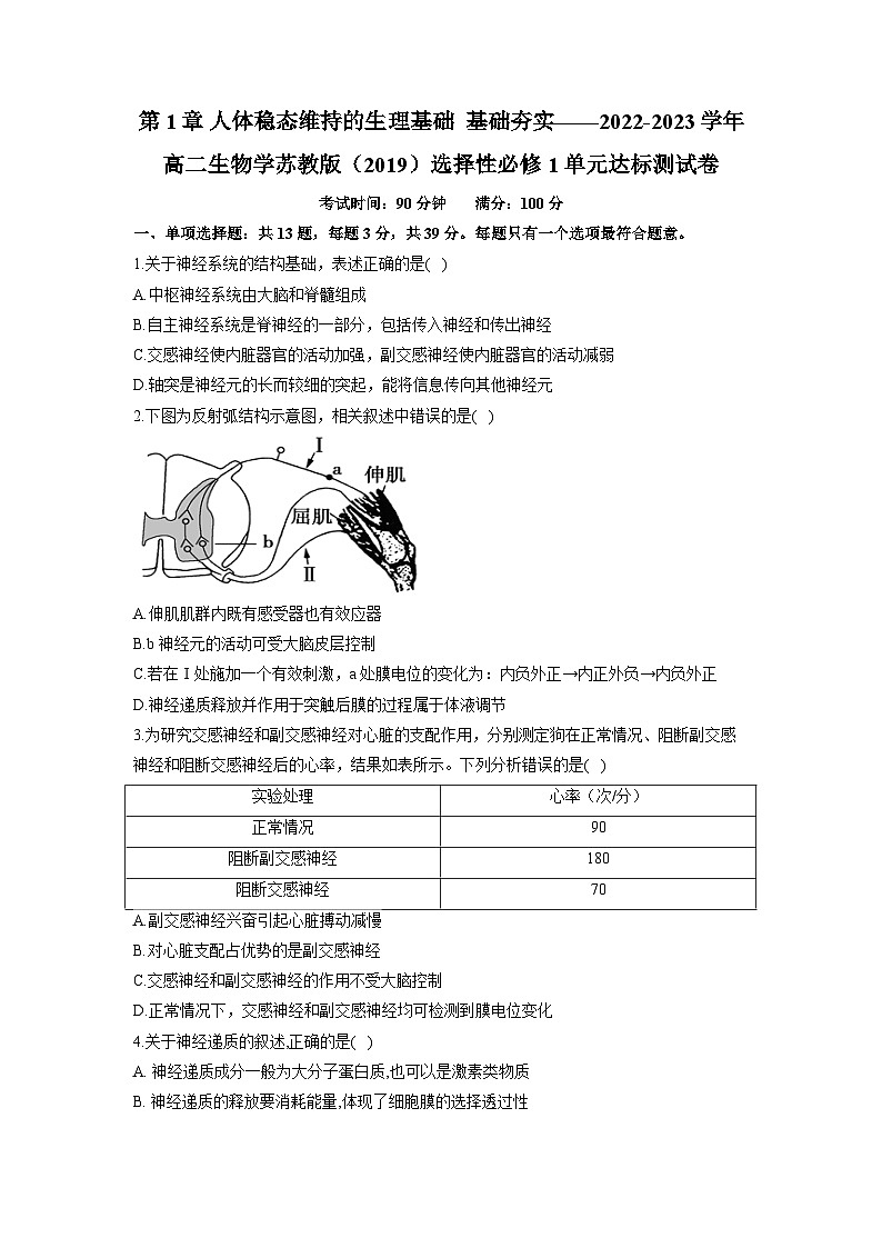 苏教版 高中生物 选修一 第1章 人体稳态维持的生理基础 基础夯实 习题（含解析） 试卷01