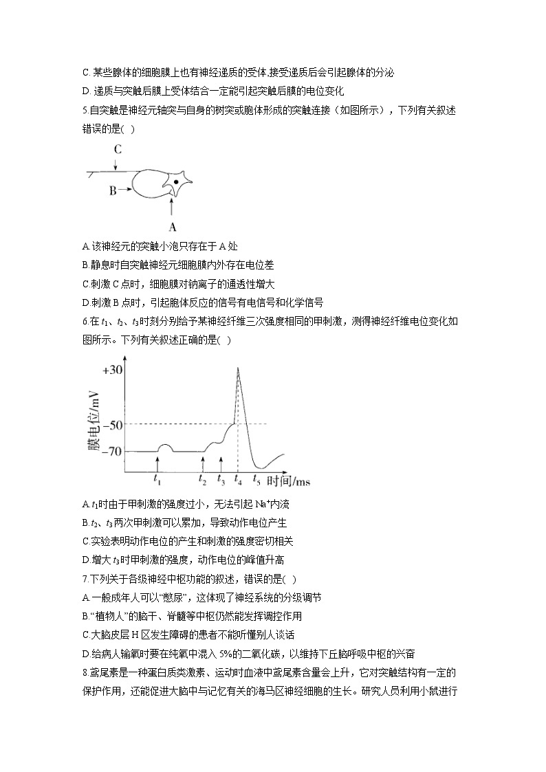 苏教版 高中生物 选修一 第1章 人体稳态维持的生理基础 基础夯实 习题（含解析） 试卷02