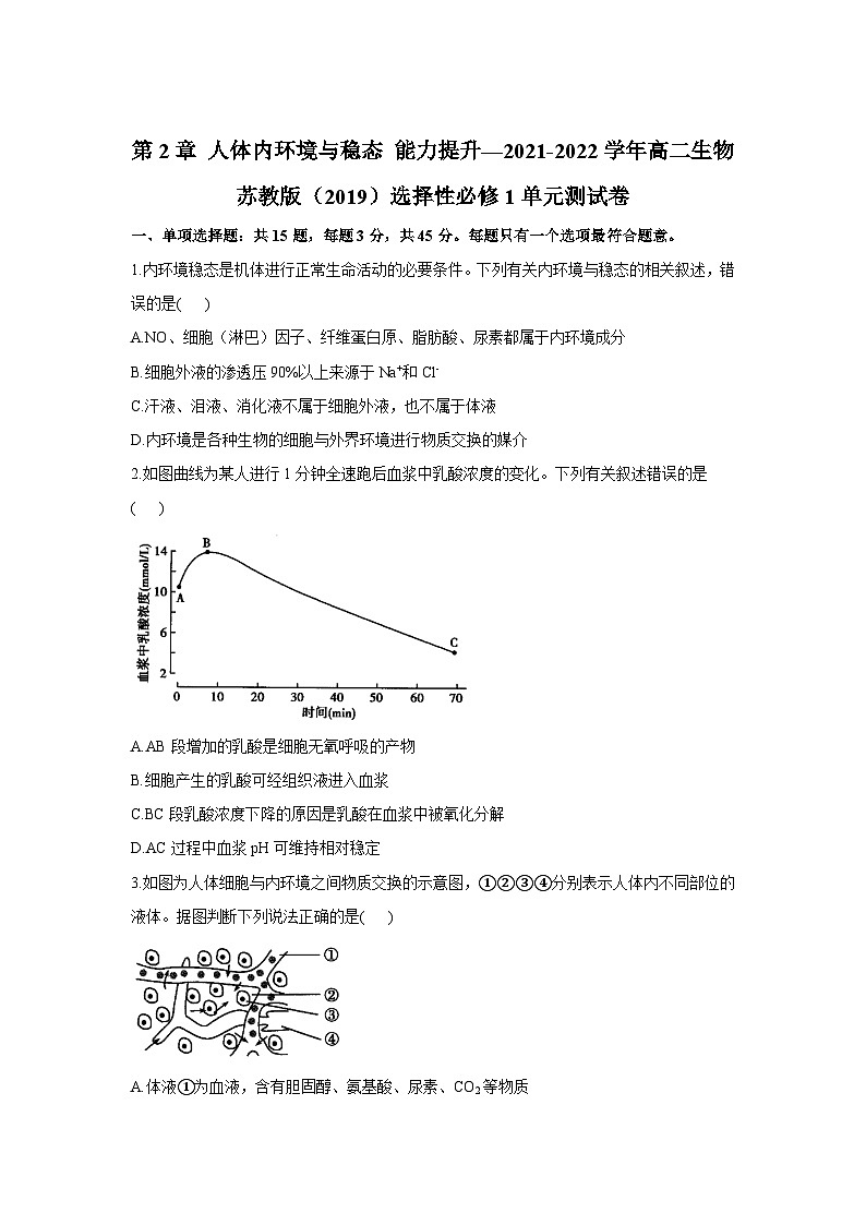 苏教版（2019）高中生物 选择性必修一 第2章 人体内环境与稳态单元测试卷（2份）（word 含解析）01
