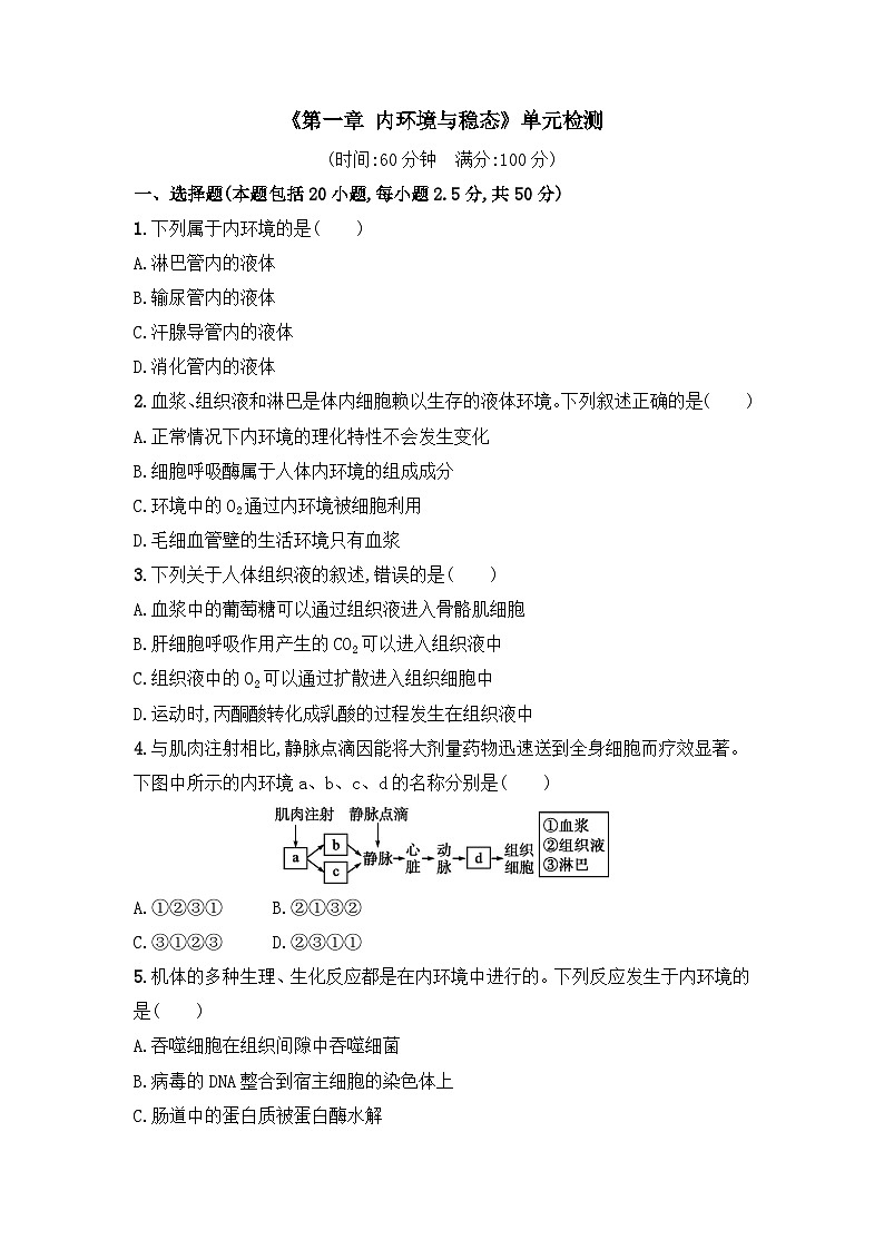 浙科版2019 高中生物 选修1  第一章 内环境与稳态单元检测 （word含解析）01