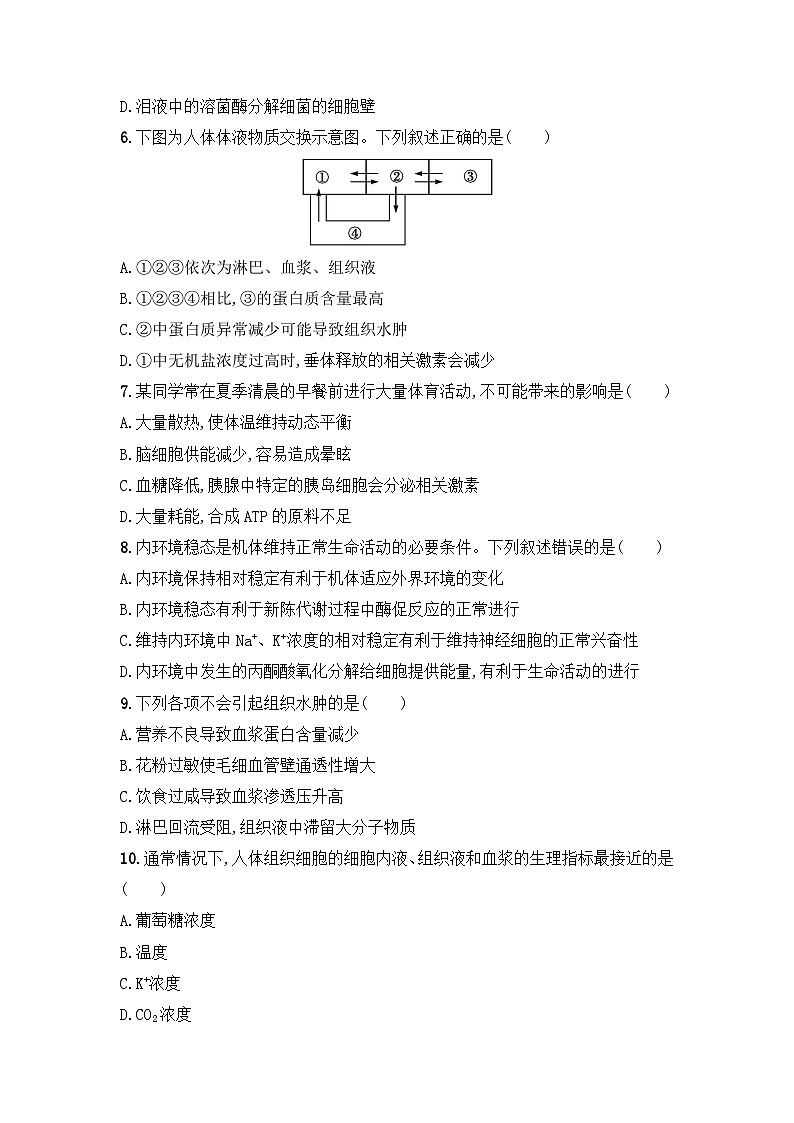 浙科版2019 高中生物 选修1  第一章 内环境与稳态单元检测 （word含解析）02