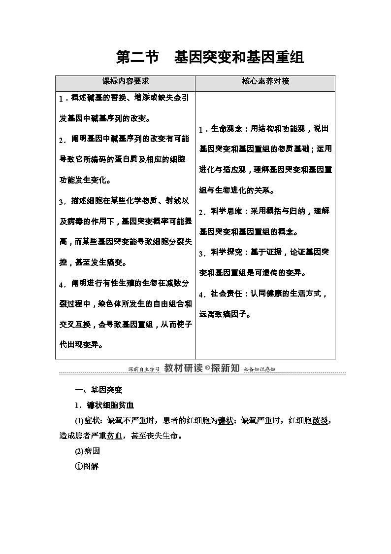 苏教版（2019）高中生物： 必修2 第3章 第2节 基因突变和基因重组 教案 （Word版含答案）01