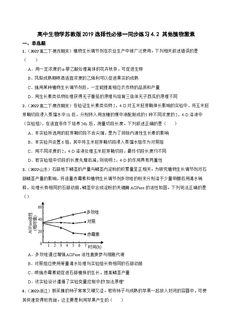 苏教版2019 高中生物 选择性必修一 4.2 其他植物激素（同步练习）01