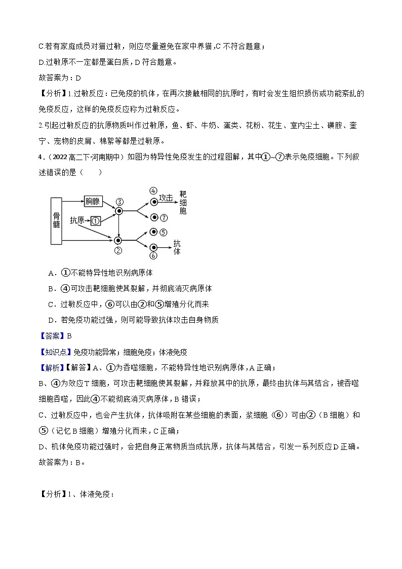 苏教版2019 高中生物 选择性必修一  3.2 人体免疫功能异常 （同步练习）03