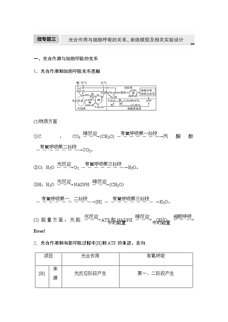 苏教版(2019）高中生物 必修1   第三章 第四节 微专题三 光合作用与细胞呼吸的关系、曲线模型及相关实验设计（学案+跟踪练 word版含解析）第1页