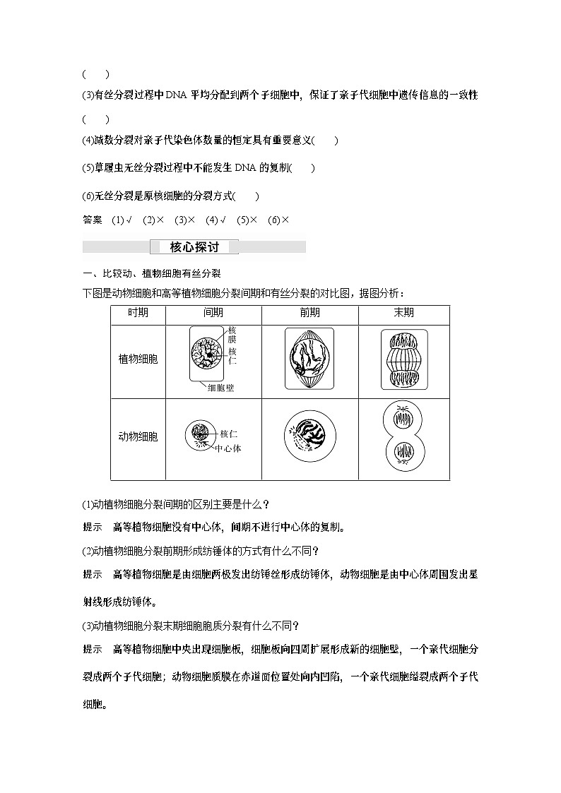 苏教版(2019）高中生物 必修1   第四章 第一节 第2课时　植物细胞的有丝分裂、减数分裂和无丝分裂（学案+课时对点练 word版含解析）02