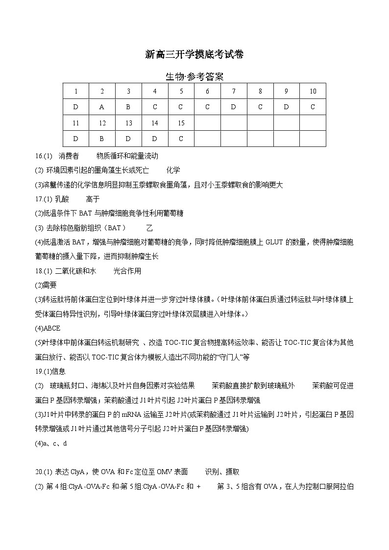 生物（北京卷）（参考答案）第1页