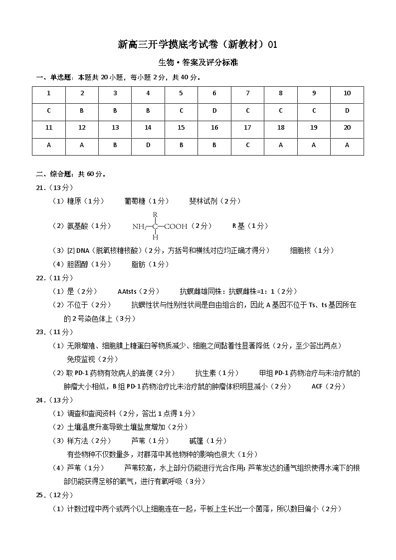生物-新高三开学摸底考试卷（新教材专用）01(答案及评分标准)第1页