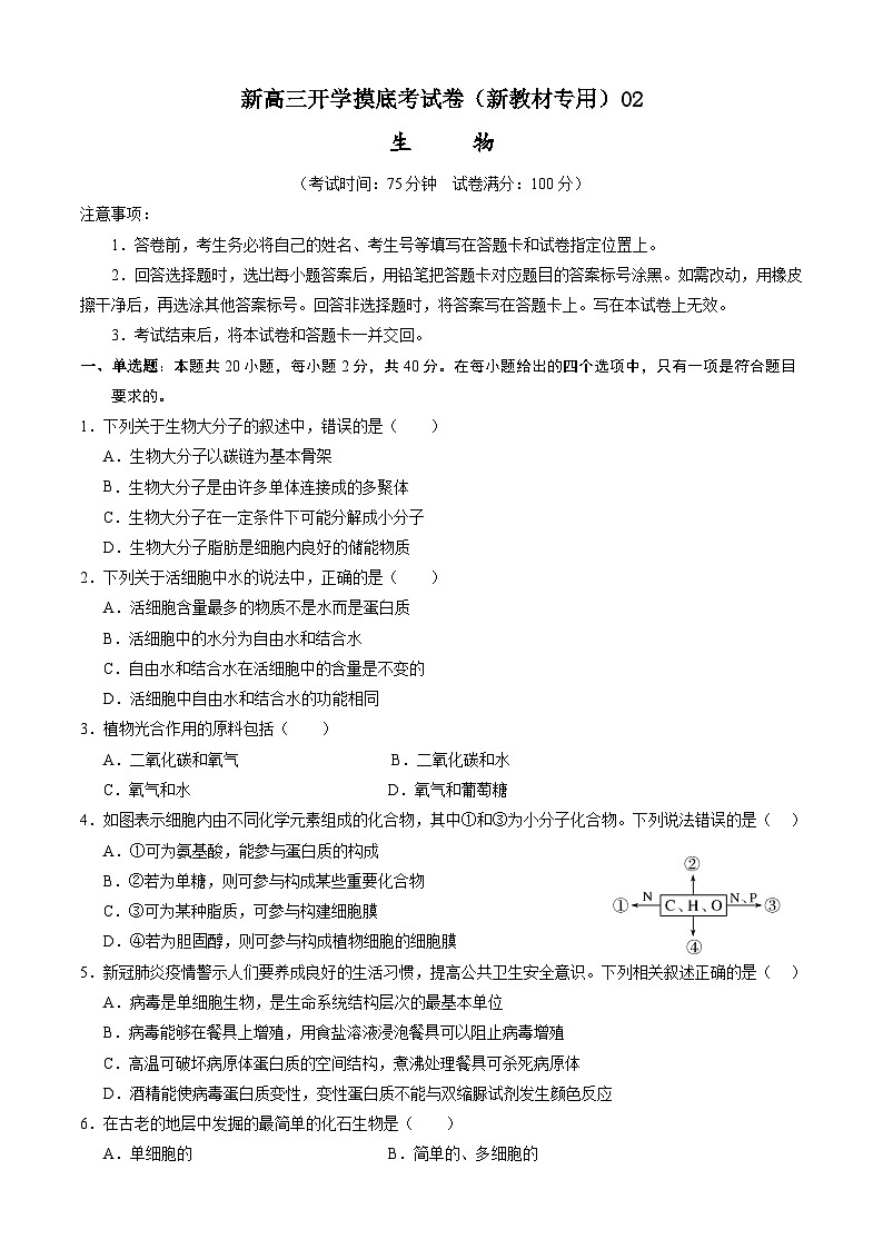 生物-新高三开学摸底考试卷（全国通用，新教材）0201