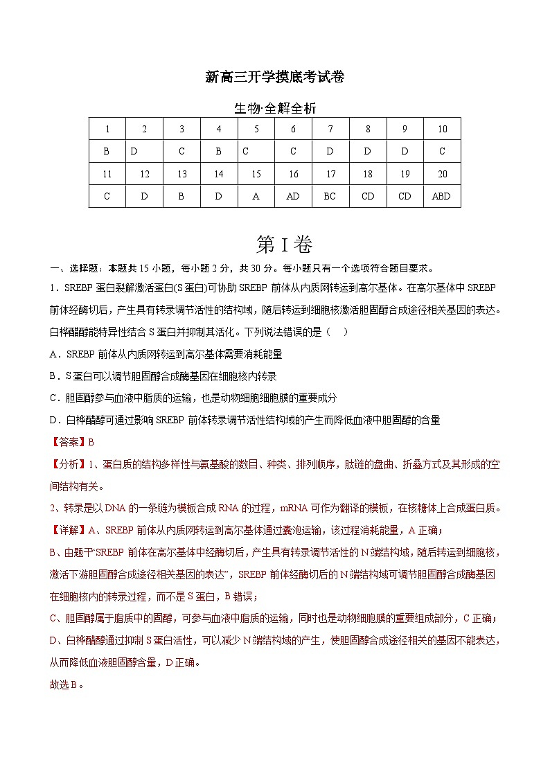 生物（山东卷）（全解全析）第1页