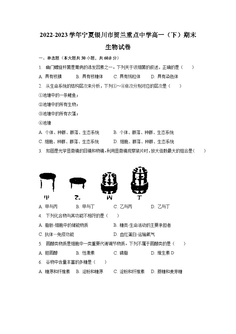 2022-2023学年宁夏银川市贺兰重点中学高一（下）期末生物试卷（含解析）01