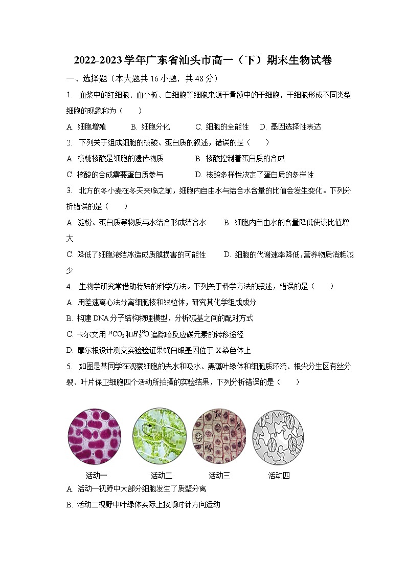 2022-2023学年广东省汕头市高一（下）期末生物试卷（含解析）01