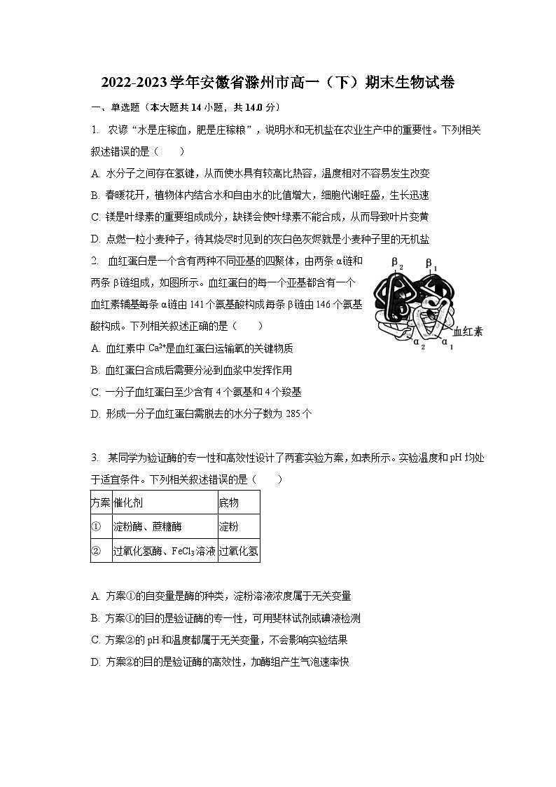 2022-2023学年安徽省滁州市高一（下）期末生物试卷（含解析）01