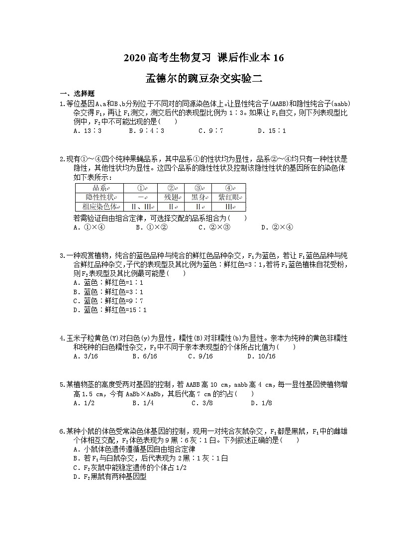 高考生物一轮复习 课后作业本16 孟德尔的豌豆杂交实验二(含解析)第1页