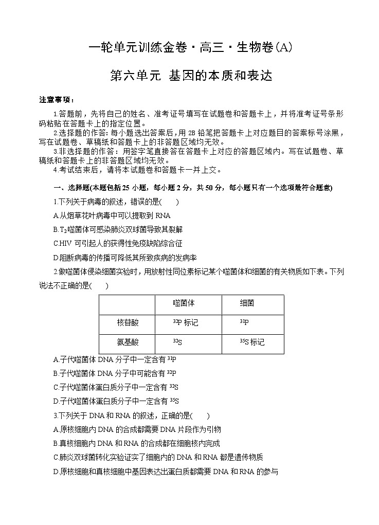 高考生物一轮单元卷：第06单元 基因的本质和表达 A卷（含答案解析）第1页