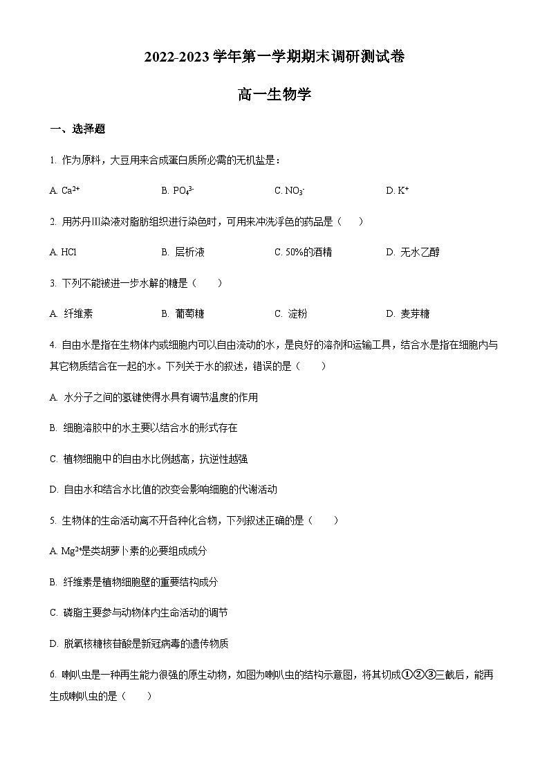 浙江省湖州市高一上学期期末调研测试生物试题（原卷版）第1页