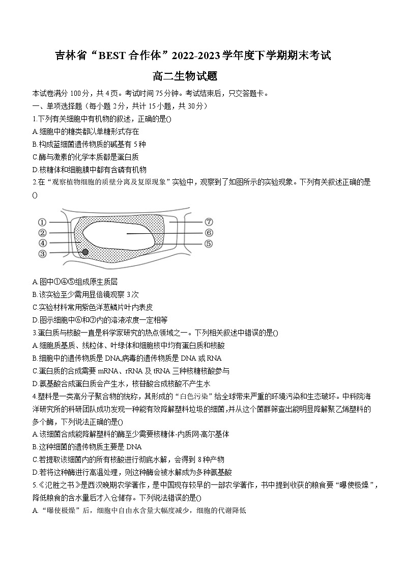 吉林省“BEST合作体”2022-2023学年高二生物下学期期末联考试题（Word版附答案）01