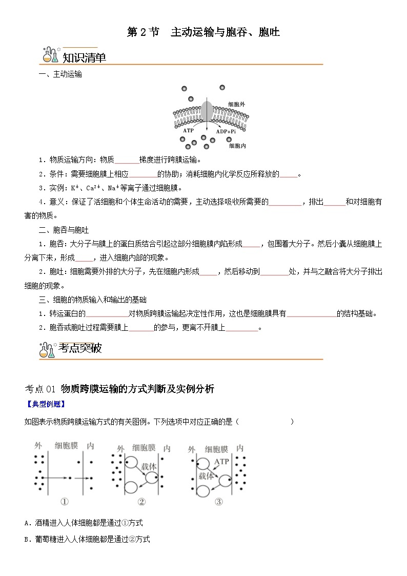 【同步讲义】高中生物（人教版2019）必修第一册--4.2《主动运输与胞吞、胞吐》讲义01