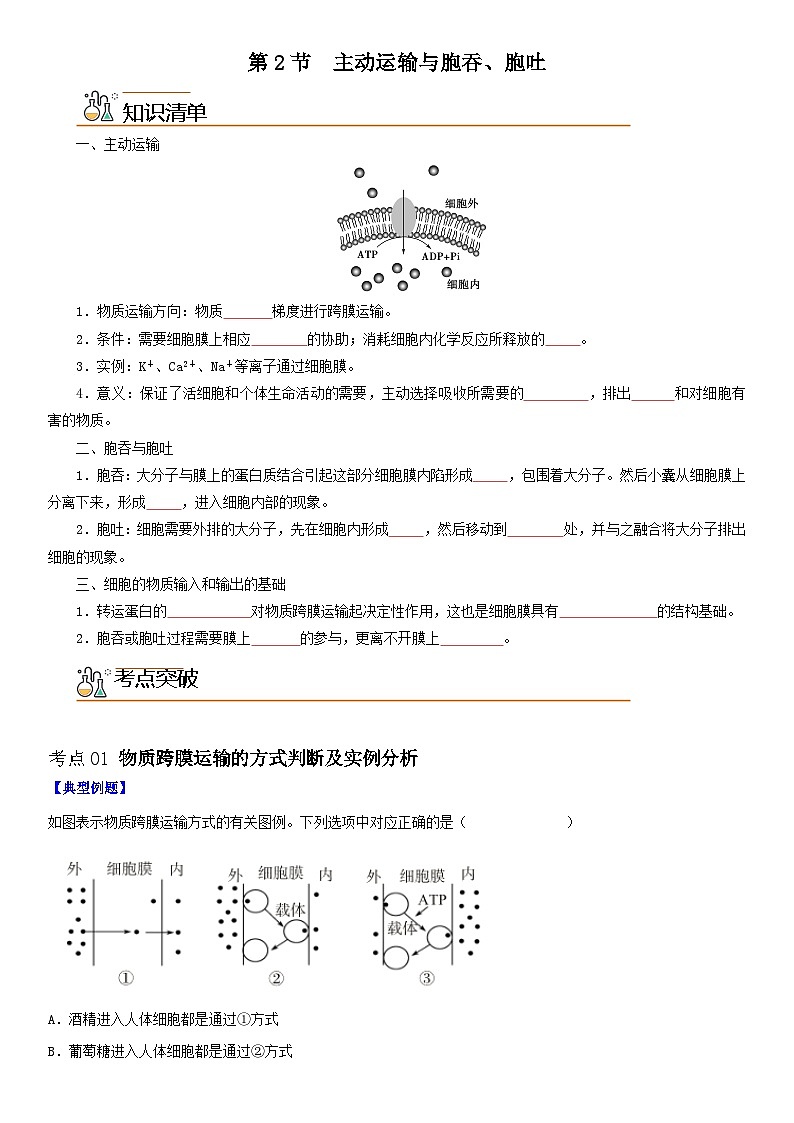 【同步讲义】高中生物（人教版2019）必修第一册--4.2《主动运输与胞吞、胞吐》讲义01